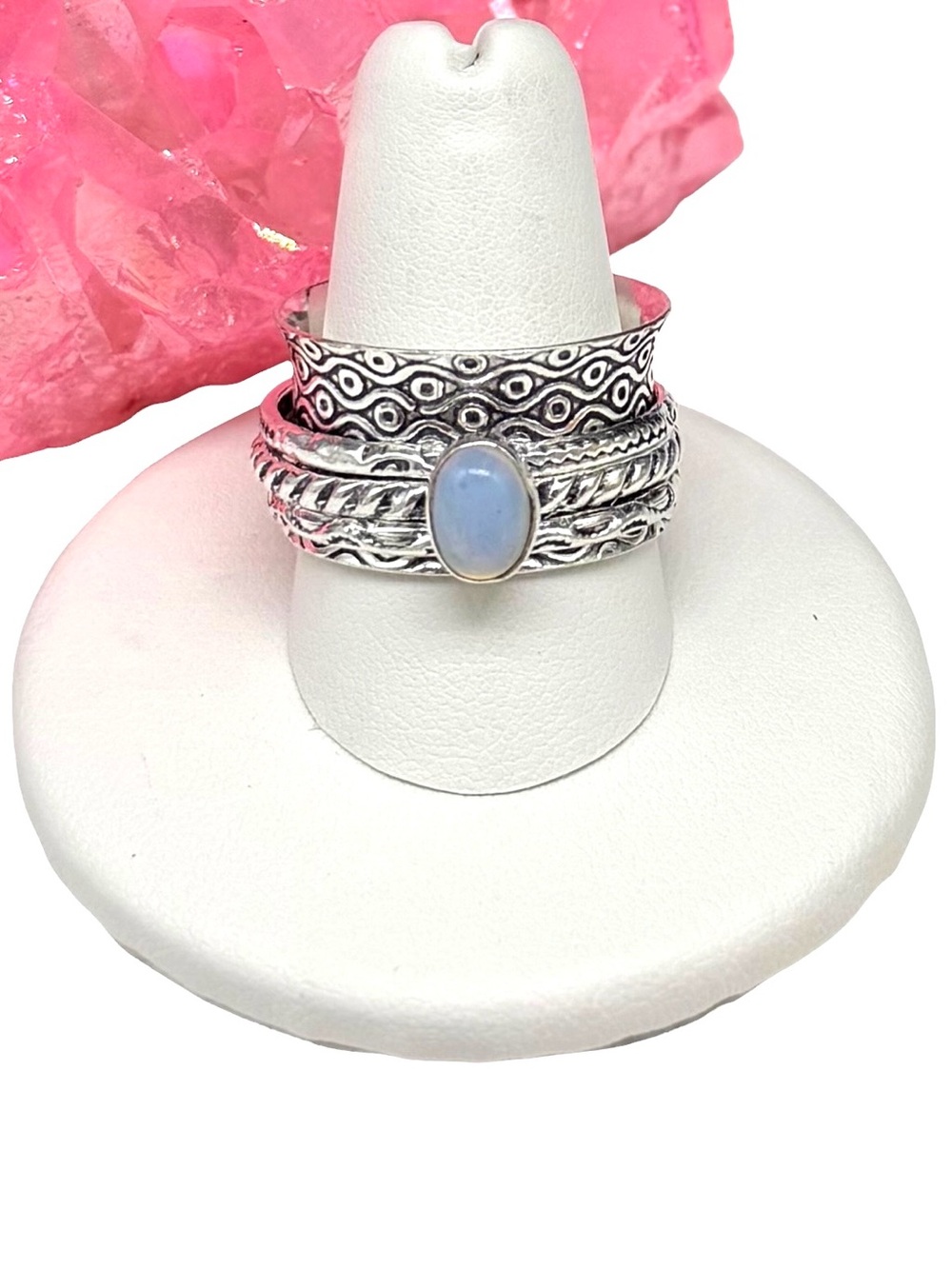 Opalite Spinner Ring Size 8.5 925 Sterling Silver Overlay Wide Band Spinning